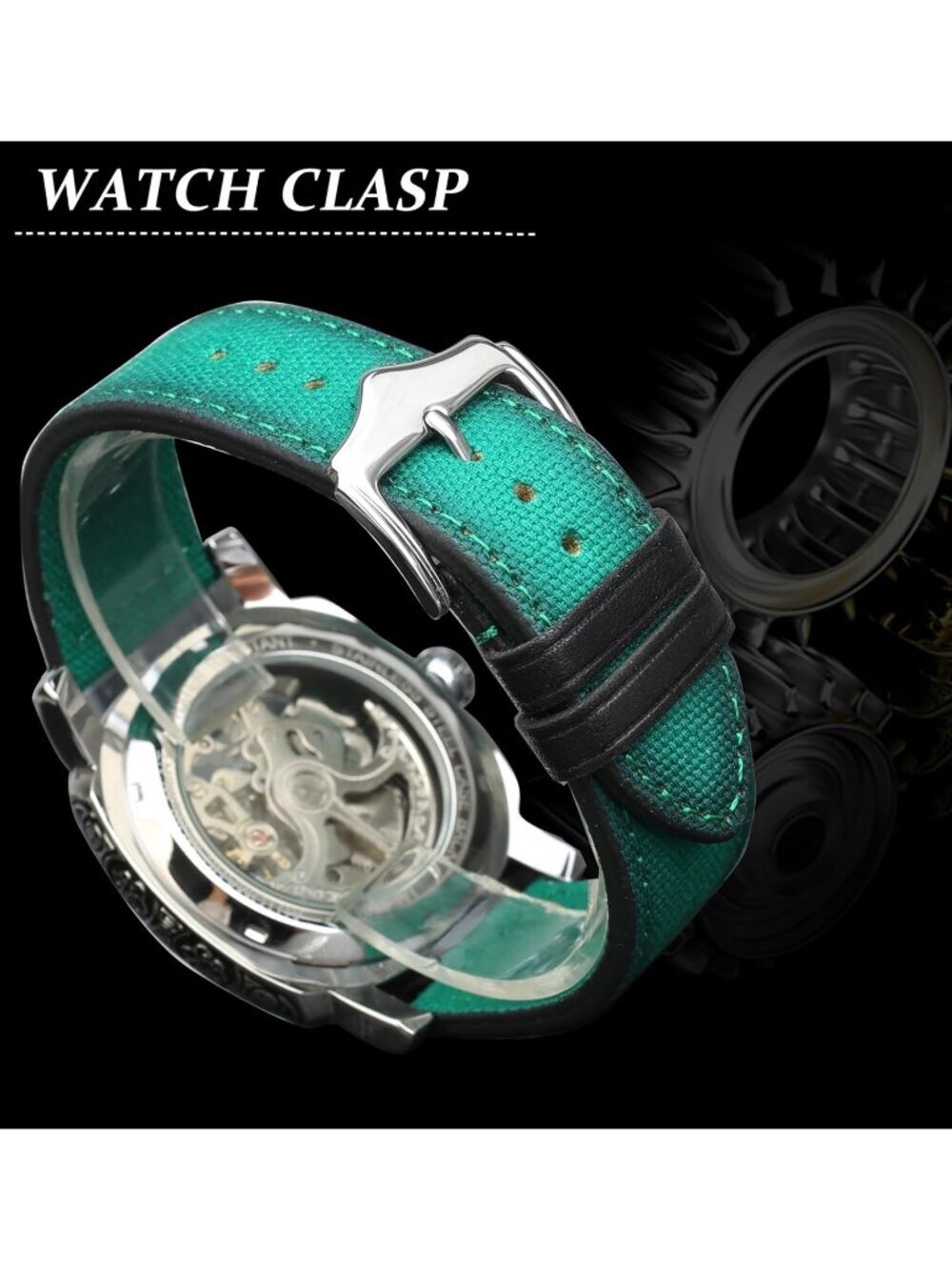 Men's Green Square Mechanical Leather Strap Self-Wind Carved Automatic Watch - Picture 7 of 7